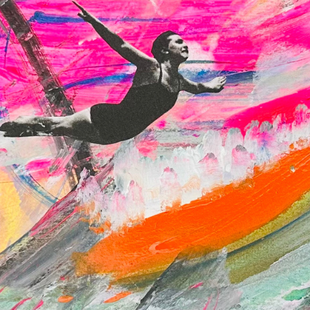 Sur un fond coloré de rose orange et quelques touches de gris les formes abstraites fond penser à des vagues d'une mer déchaînée, on voit une femme en noir et blanc qui se jette à l'eau les bras grand ouvert vers son destin, collage réalisé par Ludivine Is An Artist